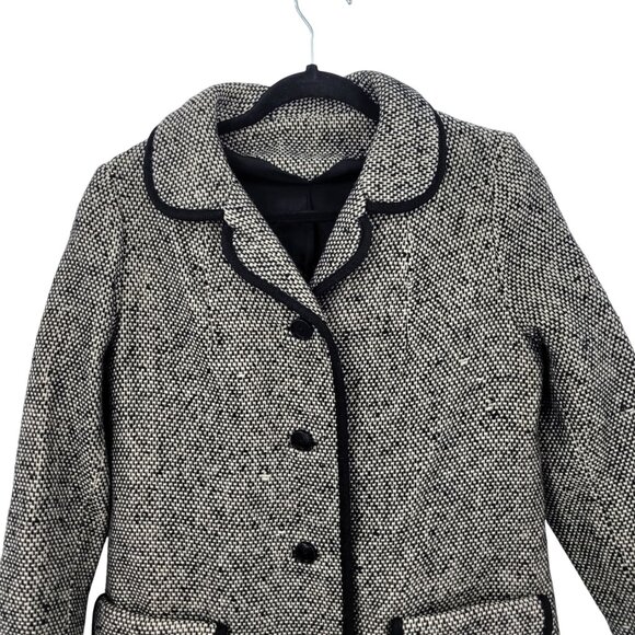 Vtg 70s Petite Tweed Long Line Coat Sz PS Black White Contrast Trim Twee Winter - Picture 4 of 13